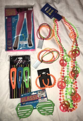 NEW Lot of 80’s Costume Accessories Peace Beads Sunglasses Tights Earrings Etc