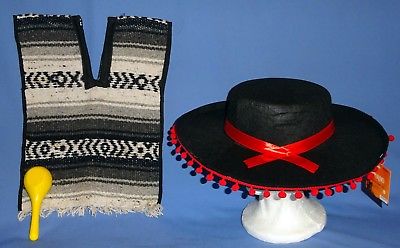 Mexican poncho-serape;childs;Cinco de Mayo costume,Spanish Mariachi hat;Maraca
