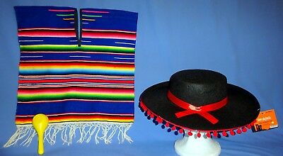 Mexican poncho-serape;kids;Cinco de Mayo costume,Spanish Mariachi hat;Maraca