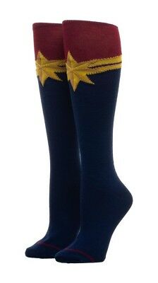 Captain Marvel Suit Up Knee High Socks Blue Adult Jr Comics Superhero Sz 9-11