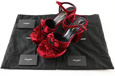 NWT $895 Saint Laurent Farrah Red Velvet Candy Bow Platform Sandals Size 11.5