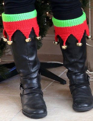 NEW Knitted Elf Boot Covers With Festive Christmas Holiday Bells - Green Top
