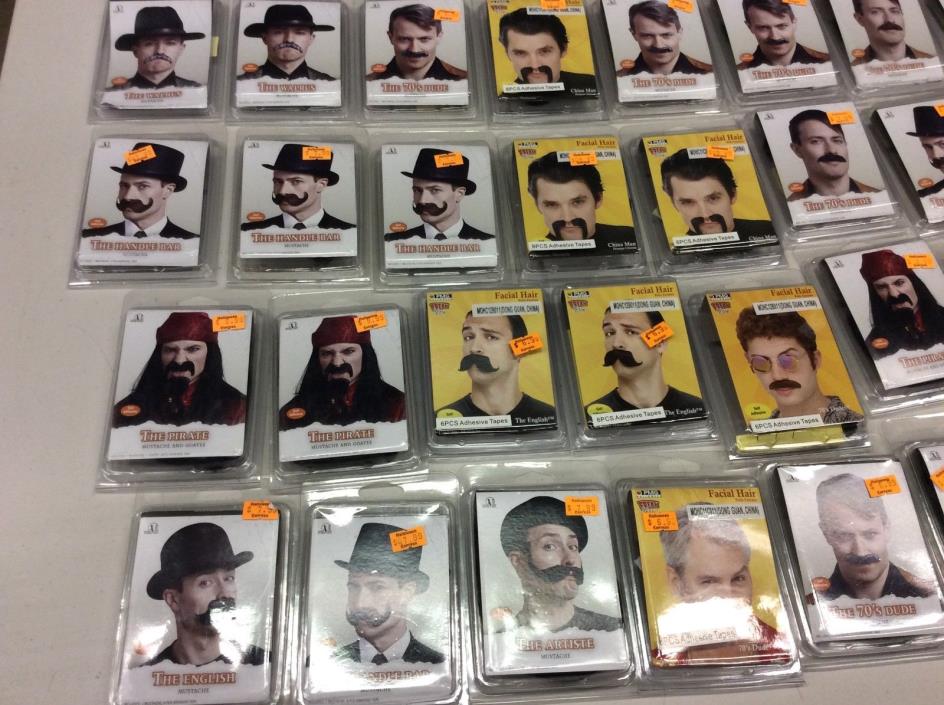 Mustaches with adhesive NEW IN BOX.  Lot of 40 mustaches. Facial hair.  Costume.
