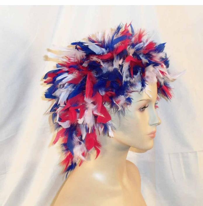 Patriotic Red, White and Blue Feather Wig Headpiece Lined