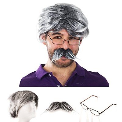 Tigerdoe Old Man Costume Dress Up Set GREY Wig Mustache Grandpa Glasses 3