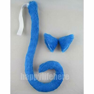 Long Fur Cat Ears And Tail Set Halloween Party Kitty Cosplay Costume Kits (Sky