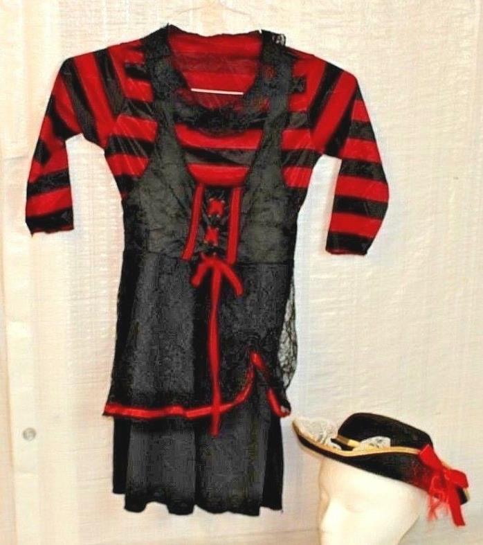 Girls Size M 6-8 Pirate Halloween Costume Dress & Hat Black & Red Lace Corset