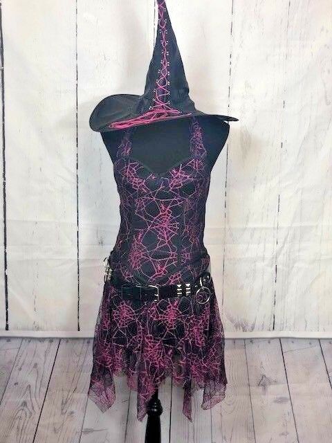 California Costume Womens Size Small Pink Black Witch Halter Dress Goth Hat