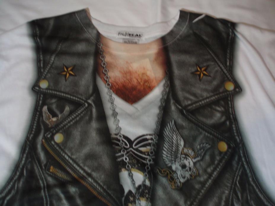 Men's FAUX REAL 2XL XXL Tattoo Biker Vest Mesh Sleeves Ugly Christmas Shirt
