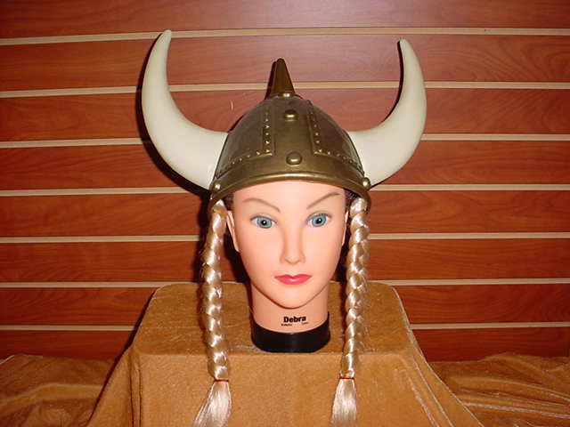 Lady Viking Costume Helmet Hair NEW Plastic Nordic Gold Hat with Braids Horns