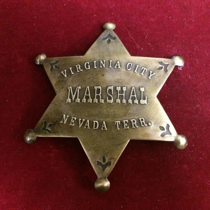 Badge: Deluxe Virginia City Marshal, brass star, Police, Lawman, Old West