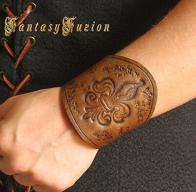 Renaissance Vintage LARP Medieval Fleur de Lys Design Stamps Leather Cuff Bracer