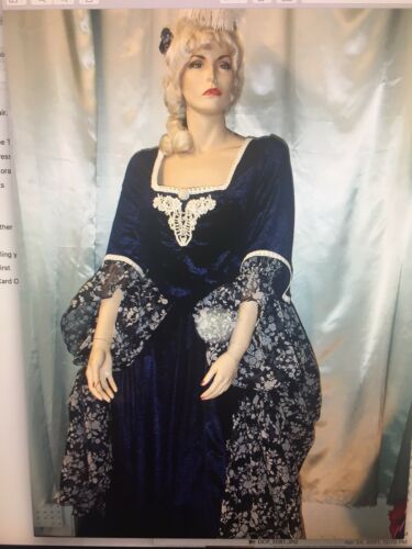 Blue Velvet And Flower Print Womens Colonial Dress Size XL
