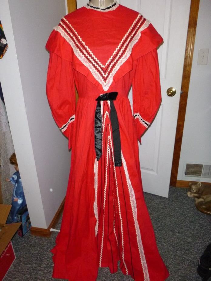 Vintage COLONIAL PRAIRIE PIONEER DRESS w BONNET & HANDBAG_Sz M_Handmade Red