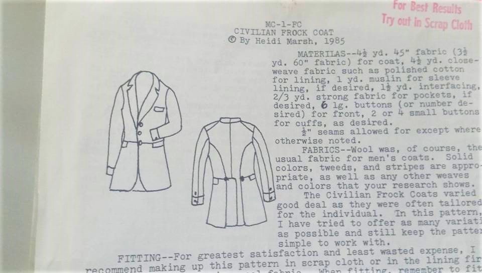 Heidi Marsh Civil War Period Civilian Frock Coat Pattern Size 40 - 42