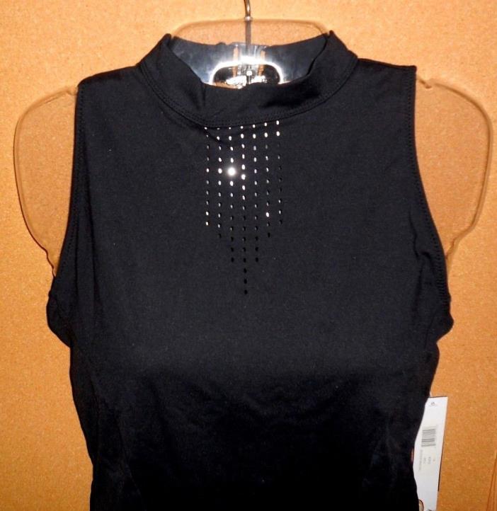 NWT Danshuz BLACK Mock T-Neck Laser Cut Detail Tactel Princess Seams Tear Drop
