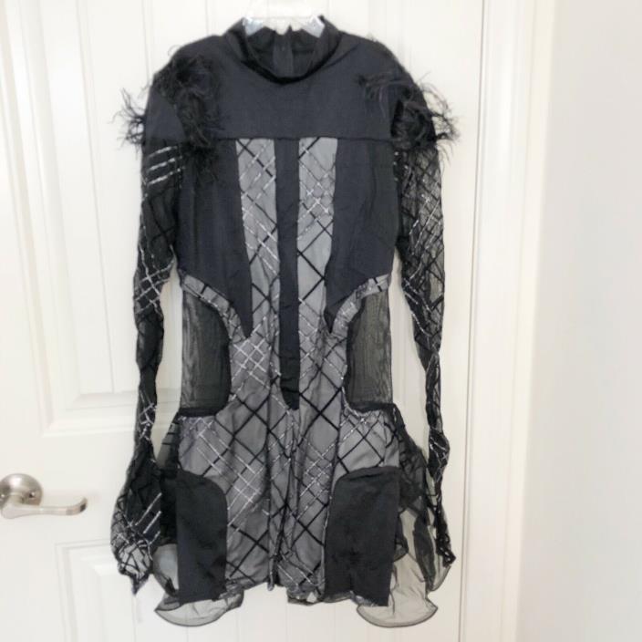Kelle Dance Costume Womens Black Silver Glitter Feather Biketard Tulle Skirt