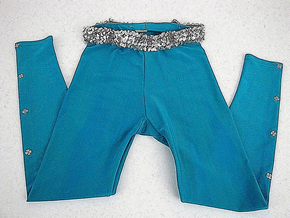 ?Juniors Dance Leggings Size Small Teal w Silver Sequin Stretch Belt EXCELENT D1