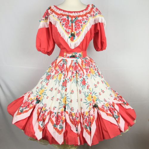 Square Dance Dress Coral Melon Floral Southwest Fancy Fashions Size M Vintage