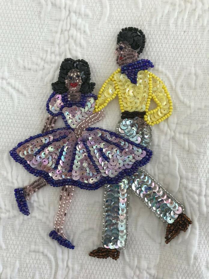 square dance applique dance couple sequined beaded 6.5x4.5 purple yellow silver