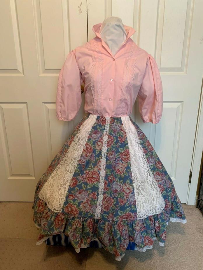 SQUARE DANCE BLOUSE, SKIRT & TIE PINK, BLUE AND WHITE M