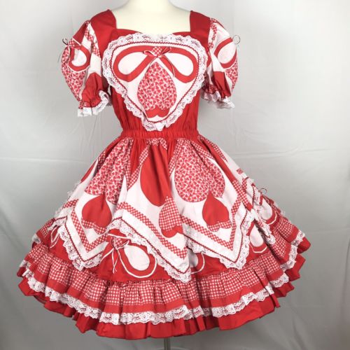 Square Dance Dress Red Hearts Gingham Lace Size M Vintage