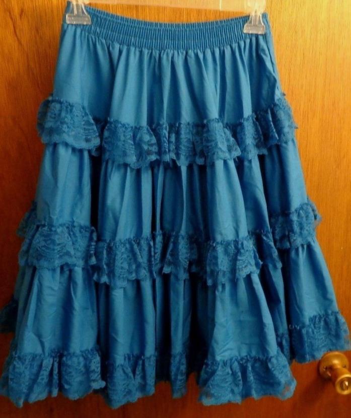 Vtg Malco Modes Teal Blue Ruffled Lace Circle Square Dance Skirt Womens S USA
