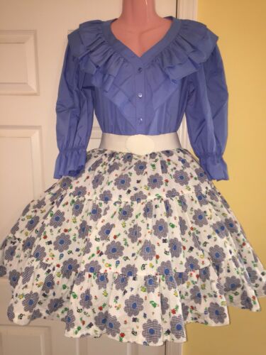 Square Dance Ladies Blue Top & Flower Skirt- Small/Medium