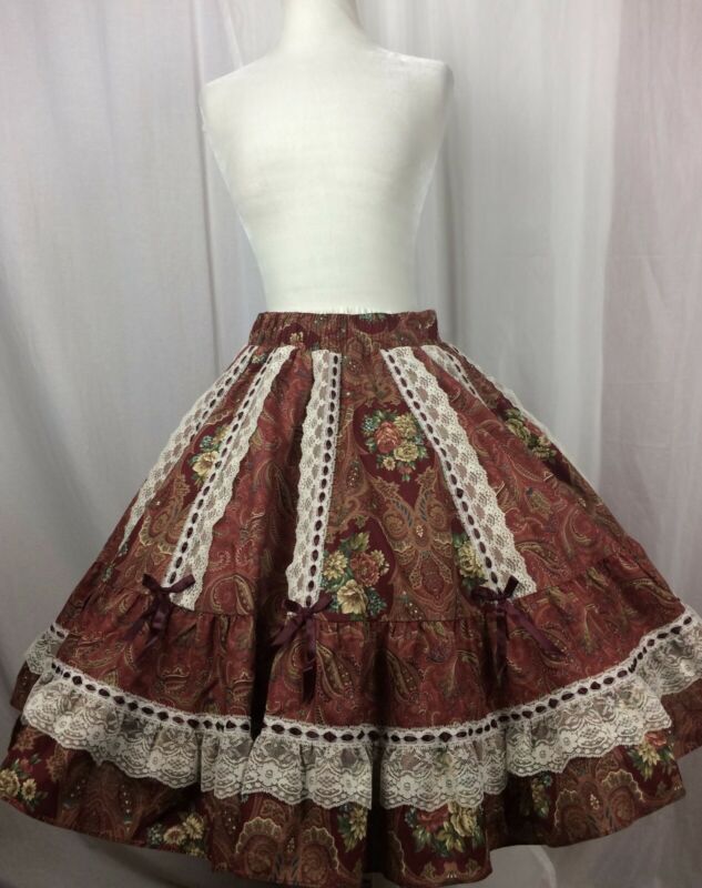 SQUARE DANCE SKIRT Burgundy Paisley Print with Lace and Ribbon Trim Squre Up