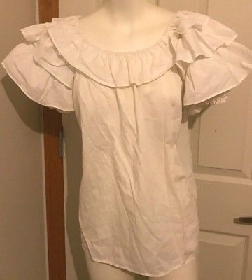 JERI BEE Square Dance Blouse White Off-the-Shoulder Ruffle Neckline Puff Sleeves