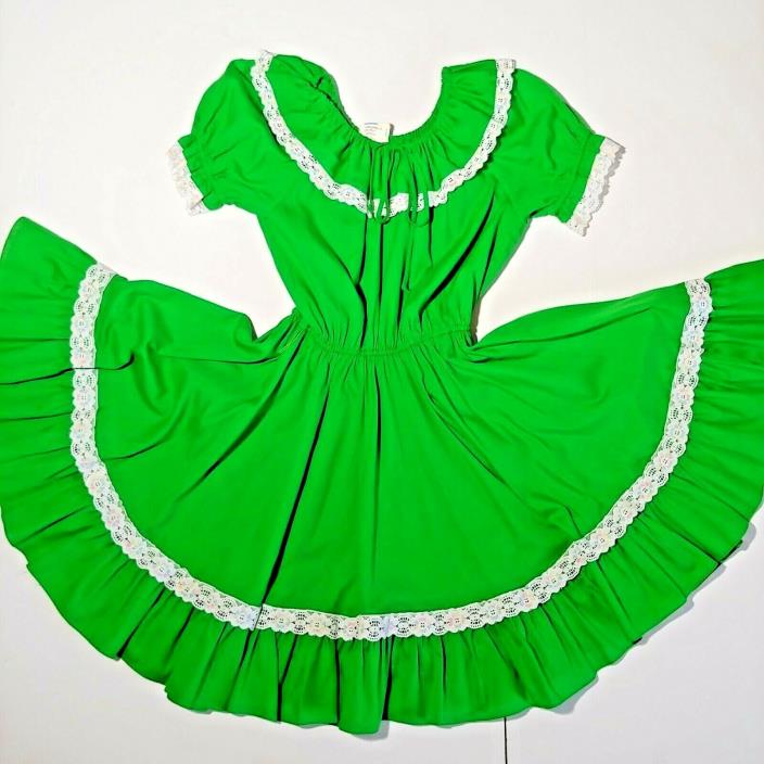 Vtg Jeri Bee Green White Rainbow Lace Trim Square Dance Dress Women's sz 14