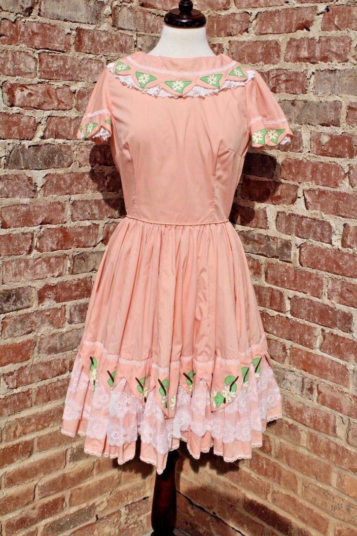 Square Dance Dress Lace Ruffles Sz M Hand Painted Cotton/Polyester Vtg Peach