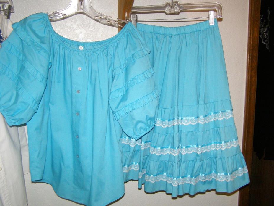 SQUARE DANCE SKIRT BLOUSE OUTFIT SET LARGE TURQUOISE BLUE WHITE LACE RUFFLE