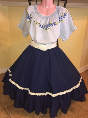 Square Dance Ladies Blue Flower Top & Skirt- Small/Medium