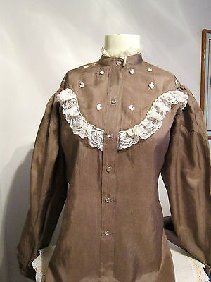 MISS RODEO AMERICA BROWN POLYESTER 11/12 BLOUSE-LS-WHITE PEARL & LACE TRIM