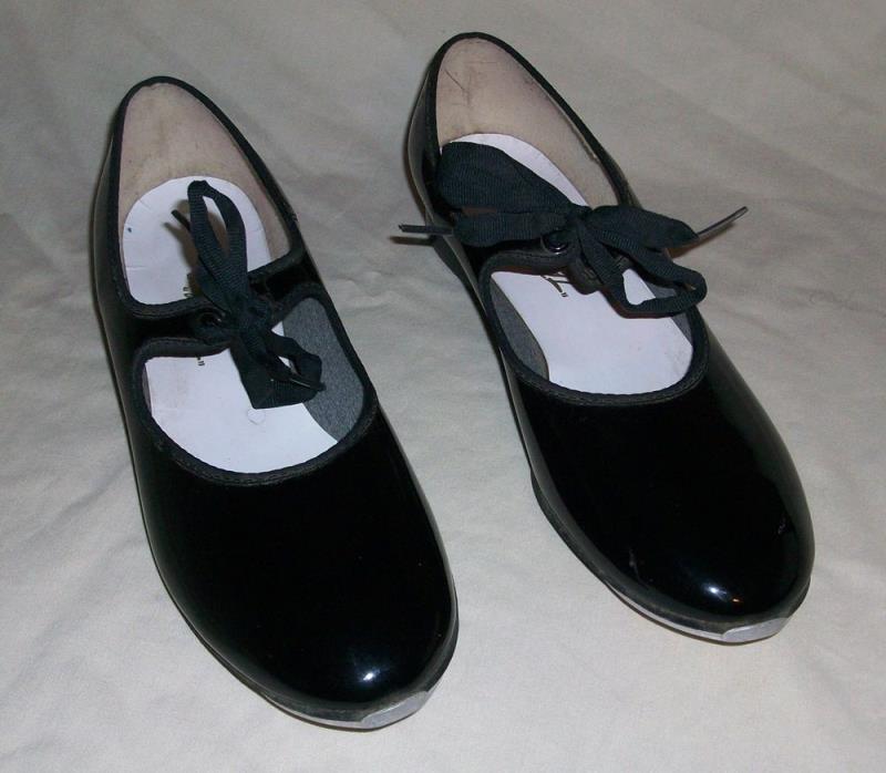 Theatricals Ladies Shiny Black Tap Shoes w Ribbon Tie Sz 10 M Ladies Tap Shoes