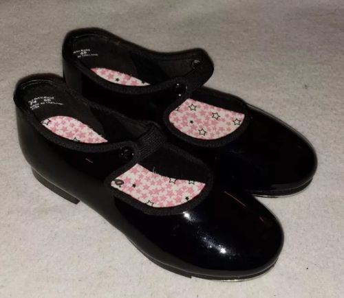 Youth Girls Capezio Tele Tone Sz 12M Black Patent Leather Slipon Dance Tap Shoes