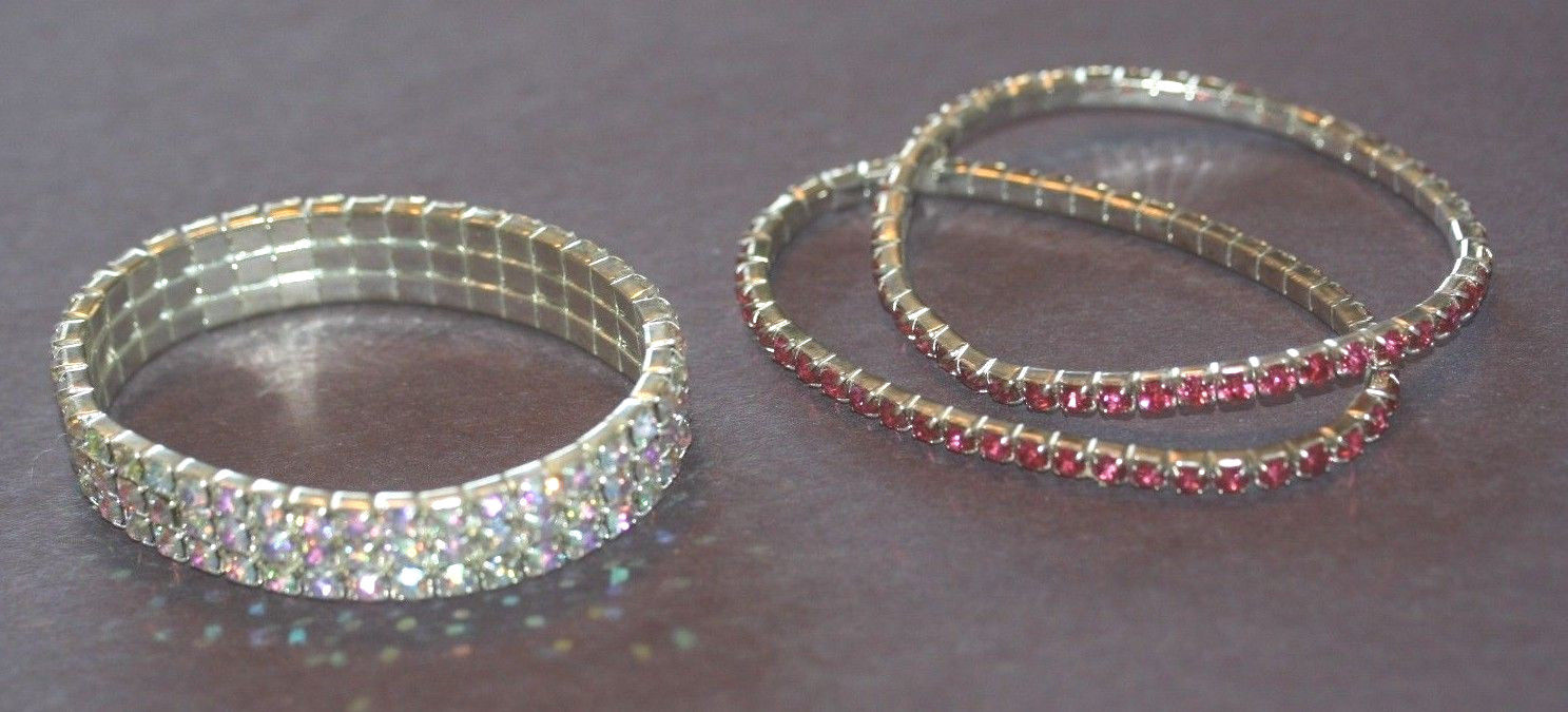 3 ROW RHINESTONE BRACELET AND 2 SINGLE ROW PINK RHINESTONE BRACELETS--EXCELLENT