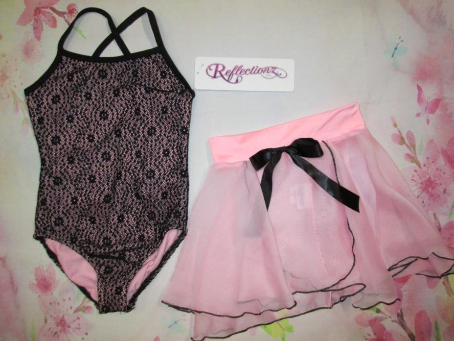 NEW Size 4-6 XS SC Child Dance Leotard Skirt Set Pink Black Lace Reflectionz