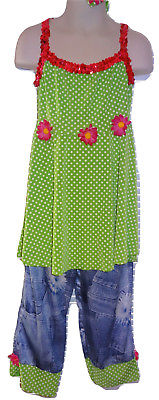 Dance Costume Leo's Green Polka Dots Blue Jean Jazz Tap 2 Pc Sz Medium Child KR