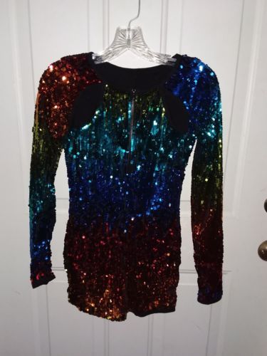 Weissman LC Large Costume Romper Sequin Bodysuit Long Sleeve Dance Short Rainbow