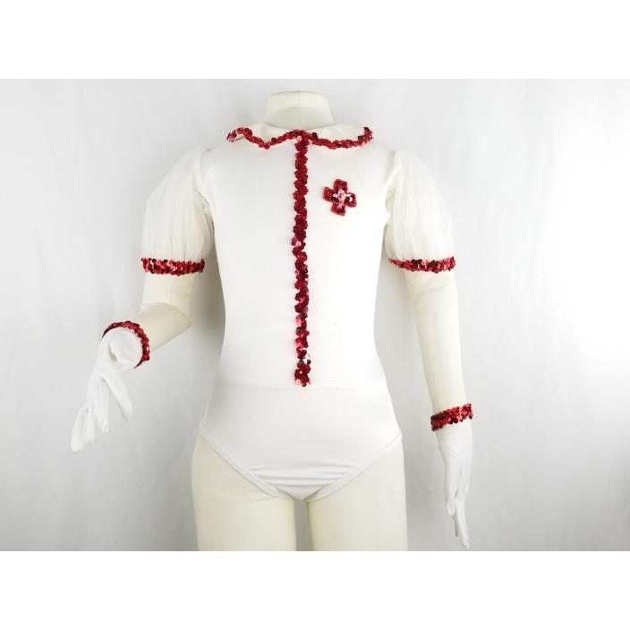 A WISH COME TRUE Nurse Costume White Red Sequin Doctor Dance Leotard Glove Set
