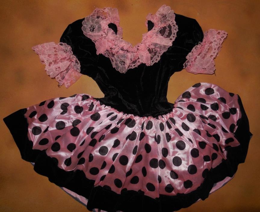 NWT Dance Costume Black Velvet Pink Ruffled Lace Leotard Polka Dot Skirt Chld sz
