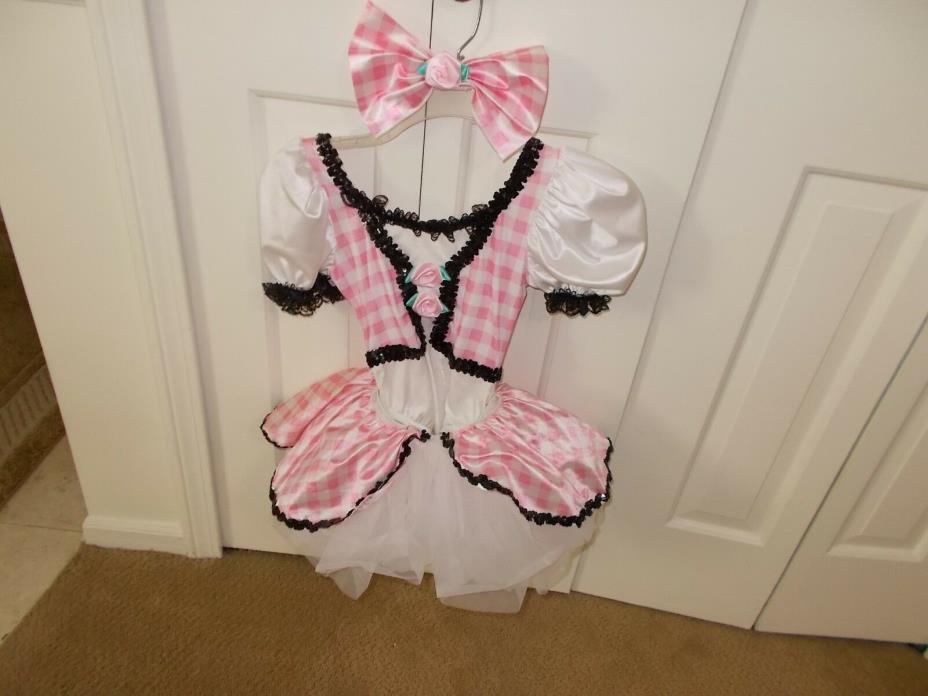 Girls Dance Costume Child Sz Medium Pink & White with Matching Hair Bow USA Made