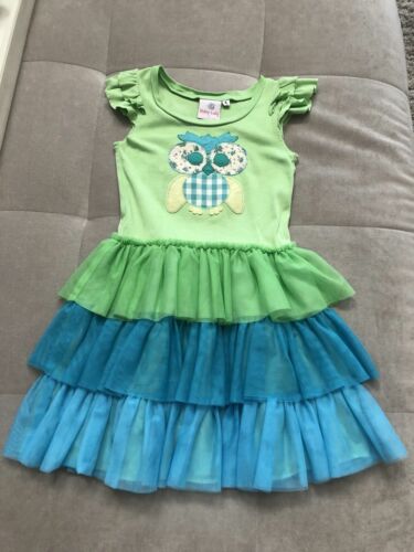 Baby Lulu Girl Size 6 Summer Blue Green Dress With Owl Cotton