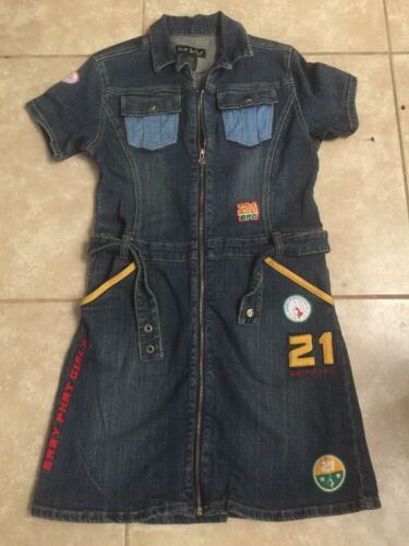 Girls Baby Phat Denim Zip Up Dress with Patches, Belt And Flap Back Pockets