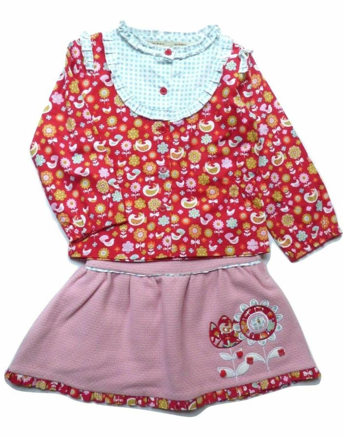 COCO BONBONS Chasing Fireflies Bird Pink Red Cotton Lou Lou Top Wool Skirt sz 6X