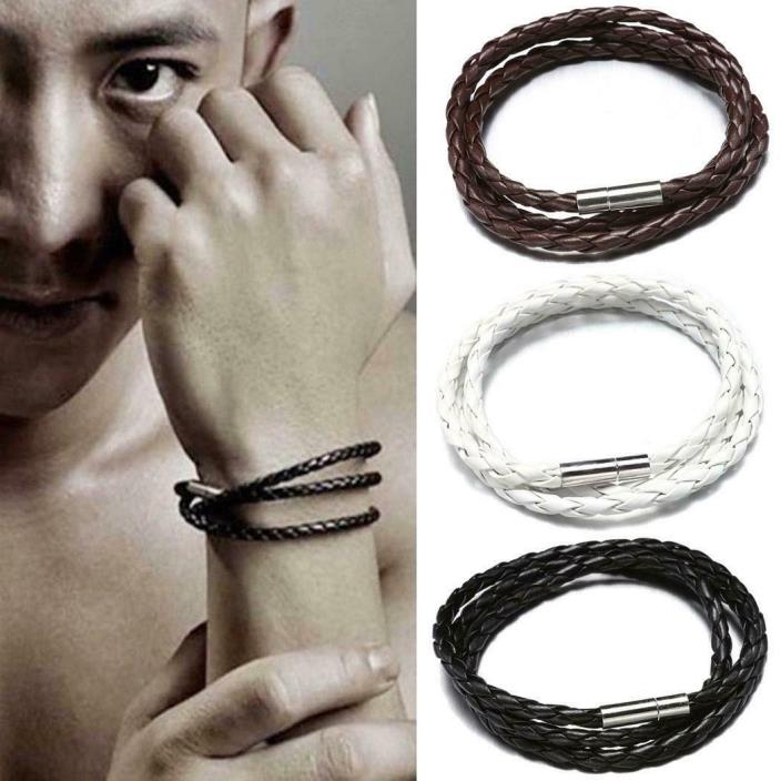 Unisex Leather Wristband Interlaced Cuff Bangle 3 Wrap Around Rope CLSV