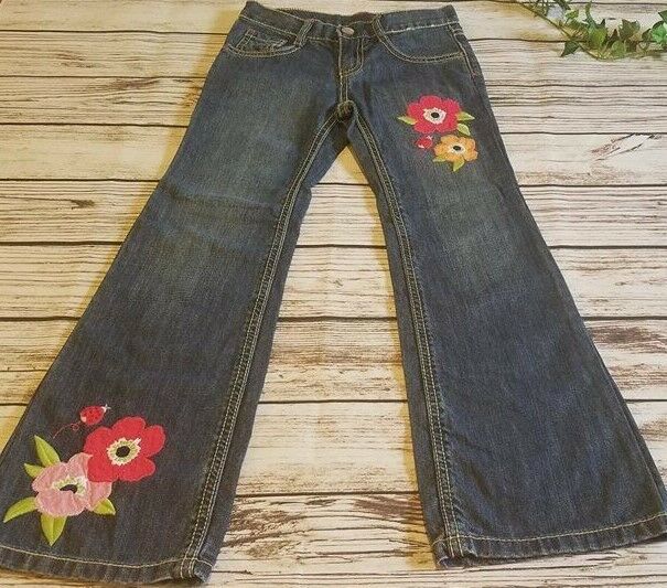 Trendy Boho Hippy Jeans w/Embroidered Flowers Girl's Sz 7 Slim Coolest EUC