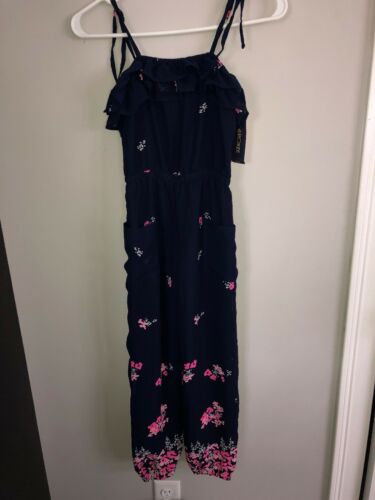 New Girls Jumpsuit Navy Blue Pink Flowers Size 7/8